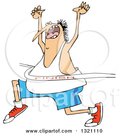 Clipart of a Cartoon Chubby White Man Cheering While Breaking Through a Race Finish Line - Royalty Free Vector Illustration by djart