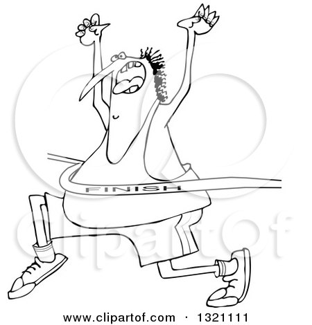Lineart Clipart of a Cartoon Black and White Chubby Man Cheering While Breaking Through a Race Finish Line - Royalty Free Outline Vector Illustration by djart