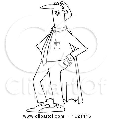 Lineart Clipart of a Cartoon Black and White Proud Super Dad in a Blue Cape - Royalty Free Outline Vector Illustration by djart