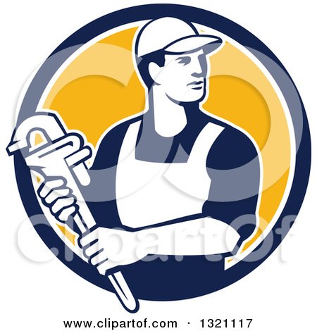 Clipart of a Retro Male Plumber Holding a Monkey Wrench and Looking to the Side in a Blue White and Yellow Circle - Royalty Free Vector Illustration by patrimonio