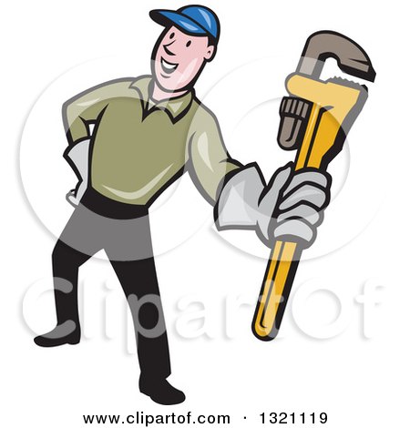 Clipart of a Cartoon White Male Plumber Holding out a Monkey Wrench - Royalty Free Vector Illustration by patrimonio