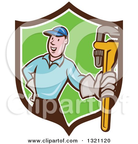 Clipart of a Cartoon White Male Plumber Holding out a Monkey Wrench in a Brown White and Green Shield - Royalty Free Vector Illustration by patrimonio