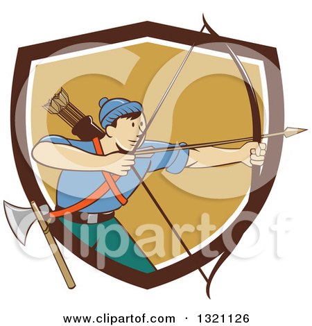 Clipart of a Retro Cartoon Male Archer Aiming an Arrow and Emerging from a Brown White and Tan Shield - Royalty Free Vector Illustration by patrimonio