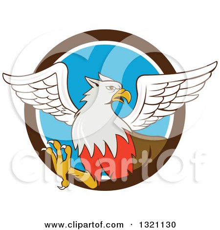 Clipart of a Cartoon Hippogriff Mythical Creature Emerging from a Brown White and Blue Circle - Royalty Free Vector Illustration by patrimonio