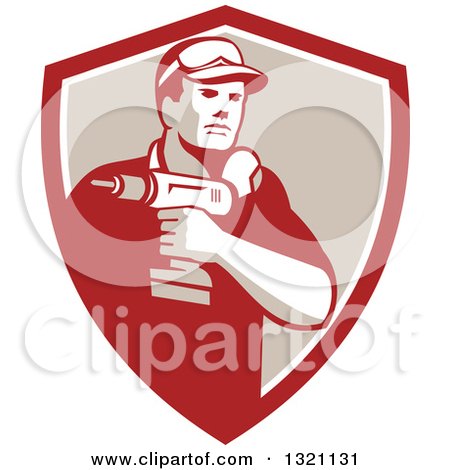 Clipart of a Retro Male Handy Man Holding a Power Drill in a Red White and Tan Shield - Royalty Free Vector Illustration by patrimonio