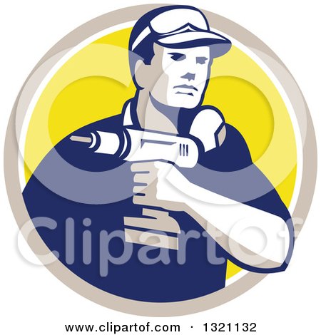 Clipart of a Retro Male Handy Man Holding a Power Drill in a Tan White and Yellow Circle - Royalty Free Vector Illustration by patrimonio