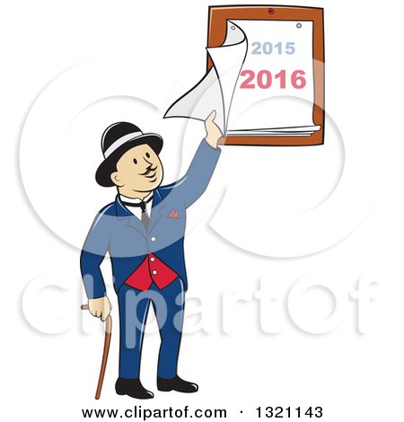 Clipart of a Cartoon Man with a Cane and a Bowler Hat, Peeling Back a 2015 and 2016 Calendar - Royalty Free Vector Illustration by patrimonio