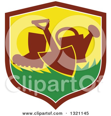 Clipart of a Silhouetted Boot, Spade and Watering Can in a Shield - Royalty Free Vector Illustration by patrimonio