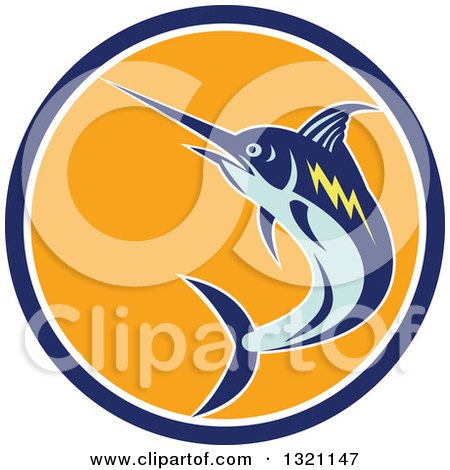 Clipart of a Retro Jumping Marlin Fish in a Blue White and Orange Circle - Royalty Free Vector Illustration by patrimonio