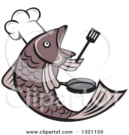 Clipart of a Cartoon Fish Chef Holding a Spatula and Frying Pan - Royalty Free Vector Illustration by patrimonio