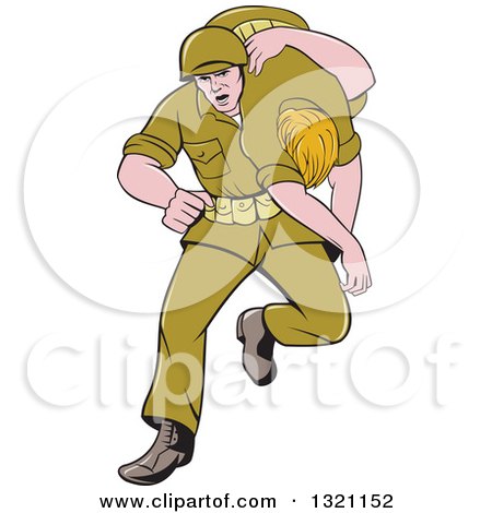 Clipart of a Cartoon WWII Soldier Carring an Injured Comrade over His Shoulder - Royalty Free Vector Illustration by patrimonio