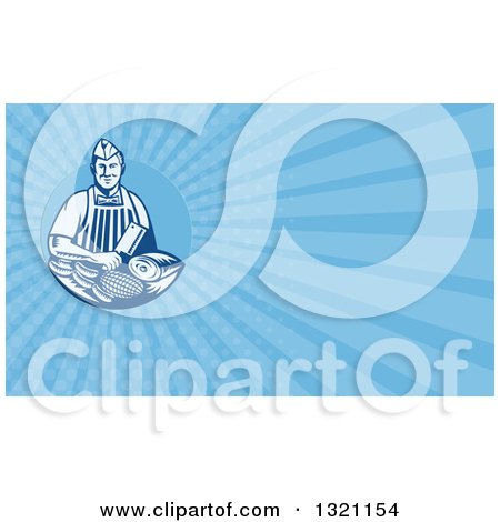 Clipart of a Retro Woodcut Butcher and Blue Rays Background or Business Card Design - Royalty Free Illustration by patrimonio
