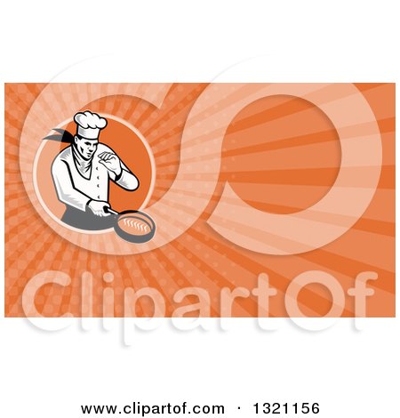 Clipart of a Retro Chef Cooking with a Frying Pan and Orange Rays Background or Business Card Design - Royalty Free Illustration by patrimonio