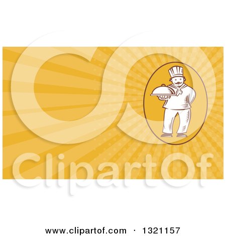 Clipart of a Retro Chef Holding a Cloche Platter and Orange Rays Background or Business Card Design - Royalty Free Illustration by patrimonio