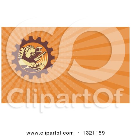 Clipart of a Retro Welder Working in a Gear Frame and Orange Rays Background or Business Card Design - Royalty Free Illustration by patrimonio
