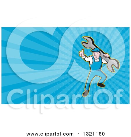 Clipart of a Cartoon Mechanic or Plumber Giving a Thumb up and Holding a Giant Spanner Wrench and Blue Rays Background or Business Card Design - Royalty Free Illustration by patrimonio