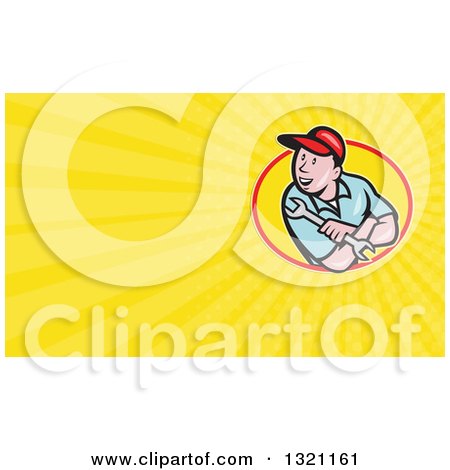 Clipart of a Cartoon White Male Mechanic Holding a Spanner Wrench and Looking over His Shoulde and Yellow Rays Background or Business Card Design - Royalty Free Illustration by patrimonio