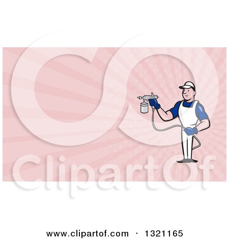 Clipart of a Cartoon White Male Spray Painter and Pink Rays Background or Business Card Design - Royalty Free Illustration by patrimonio