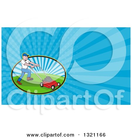 Clipart of a Cartoon White Man Mowing a Lawn and Blue Rays Background or Business Card Design - Royalty Free Illustration by patrimonio
