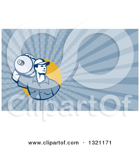Clipart of a Retro Male Water Delivery Worker and Blue Rays Background or Business Card Design - Royalty Free Illustration by patrimonio