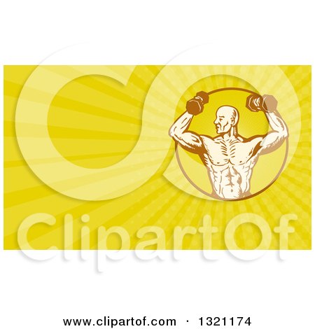 Clipart of a Retro Sketched Bodybuilder with Dumbbells and Yellow Rays Background or Business Card Design - Royalty Free Illustration by patrimonio