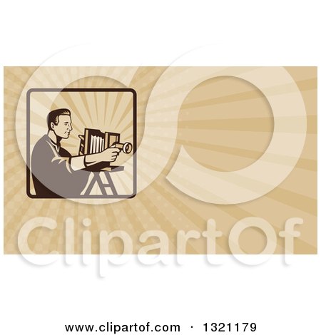 Clipart of a Retro Photographer Using a Bellows Camera and Tan Rays Background or Business Card Design - Royalty Free Illustration by patrimonio