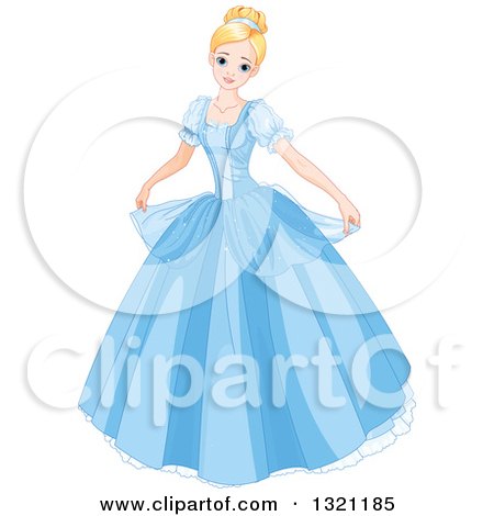 Clipart of a Blond Haired, Blue Eyed Caucasian Princess, Cinderella, Curtseying in a Blue Ball Gown - Royalty Free Vector Illustration by Pushkin