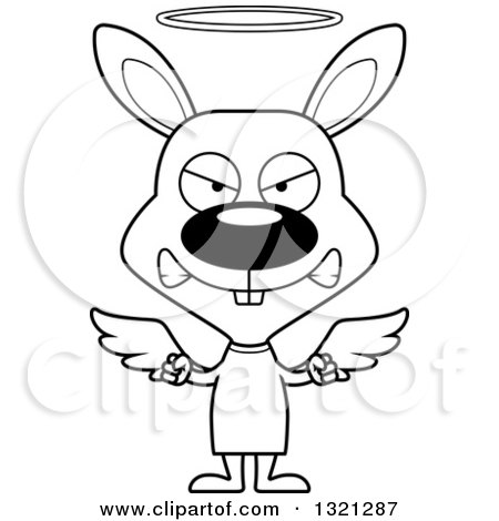 Lineart Clipart of a Cartoon Black and White Mad Rabbit Angel - Royalty Free Outline Vector Illustration by Cory Thoman