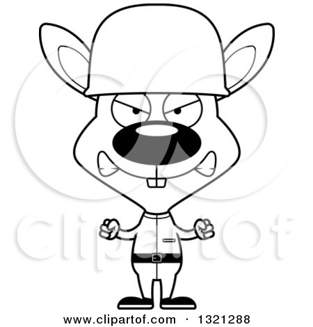 Lineart Clipart of a Cartoon Black and White Mad Rabbit Soldier - Royalty Free Outline Vector Illustration by Cory Thoman