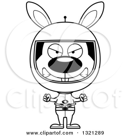Lineart Clipart of a Cartoon Black and White Mad Astronaut Rabbit - Royalty Free Outline Vector Illustration by Cory Thoman