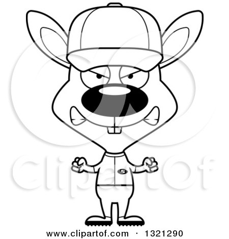 Lineart Clipart of a Cartoon Black and White Mad Rabbit Baseball Player - Royalty Free Outline Vector Illustration by Cory Thoman