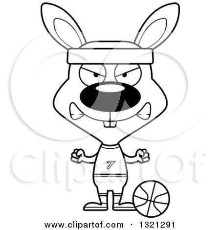 Lineart Clipart of a Cartoon Black and White Mad Rabbit Basketball Player - Royalty Free Outline Vector Illustration by Cory Thoman