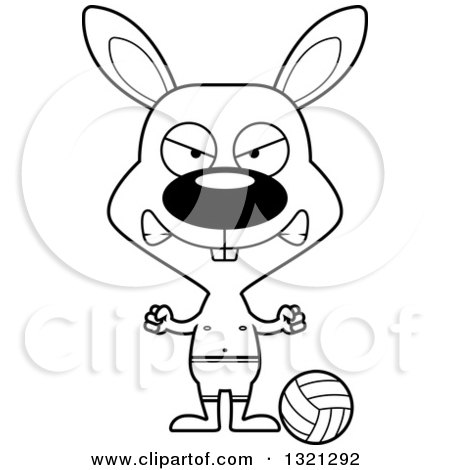 Lineart Clipart of a Cartoon Black and White Mad Rabbit Beach Volleyball Player - Royalty Free Outline Vector Illustration by Cory Thoman