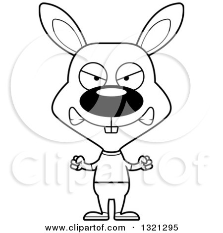 Lineart Clipart of a Cartoon Black and White Mad Casual Rabbit - Royalty Free Outline Vector Illustration by Cory Thoman