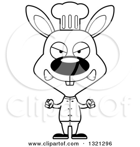 Lineart Clipart of a Cartoon Black and White Mad Rabbit Chef - Royalty Free Outline Vector Illustration by Cory Thoman