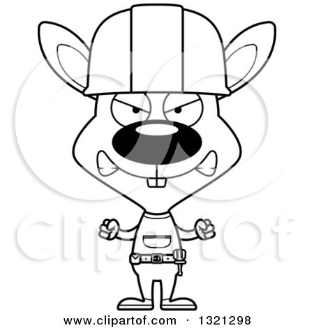 Lineart Clipart of a Cartoon Black and White Mad Rabbit Construction Worker - Royalty Free Outline Vector Illustration by Cory Thoman