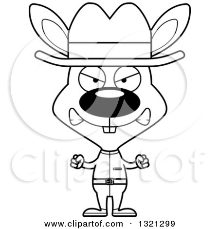 Lineart Clipart of a Cartoon Black and White Mad Rabbit Cowboy - Royalty Free Outline Vector Illustration by Cory Thoman