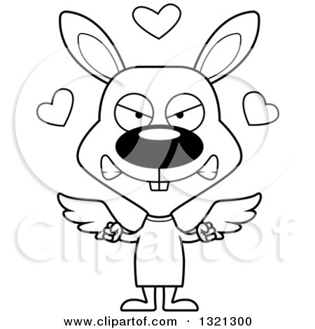Lineart Clipart of a Cartoon Black and White Mad Rabbit Cupid - Royalty Free Outline Vector Illustration by Cory Thoman