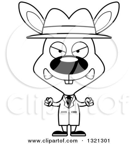 Lineart Clipart of a Cartoon Black and White Mad Rabbit Detective - Royalty Free Outline Vector Illustration by Cory Thoman