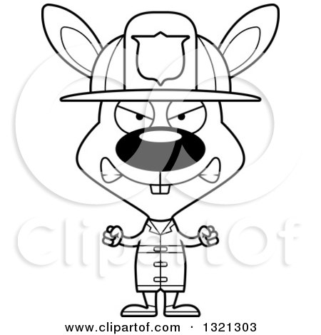 Lineart Clipart of a Cartoon Black and White Mad Rabbit Fire Fighter - Royalty Free Outline Vector Illustration by Cory Thoman