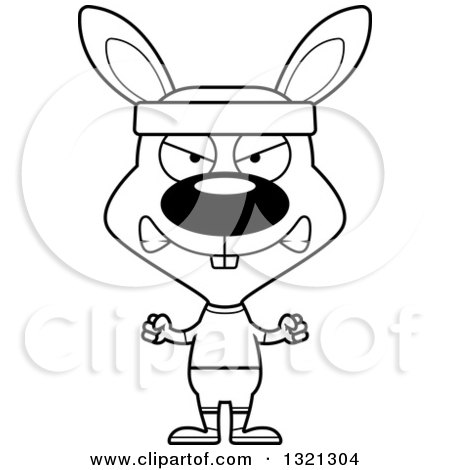 Lineart Clipart of a Cartoon Black and White Mad Fitness Rabbit - Royalty Free Outline Vector Illustration by Cory Thoman
