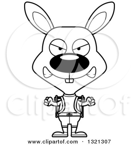 Lineart Clipart of a Cartoon Black and White Mad Rabbit Hiker - Royalty Free Outline Vector Illustration by Cory Thoman