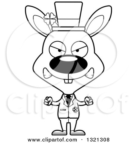 Lineart Clipart of a Cartoon Black and White Mad St Patricks Day Irish Rabbit - Royalty Free Outline Vector Illustration by Cory Thoman