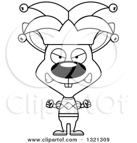 Lineart Clipart of a Cartoon Black and White Mad Rabbit Jester - Royalty Free Outline Vector Illustration by Cory Thoman