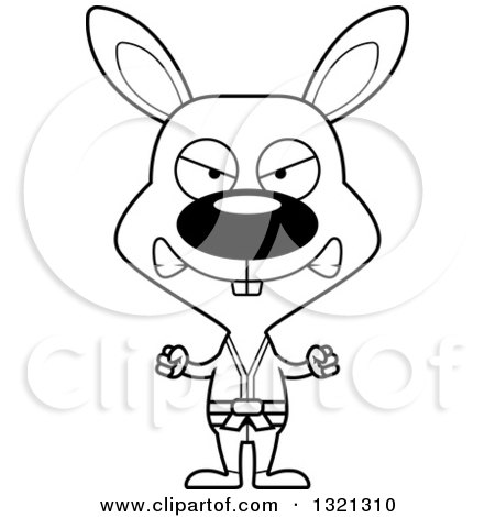 Lineart Clipart of a Cartoon Black and White Mad Karate Rabbit - Royalty Free Outline Vector Illustration by Cory Thoman