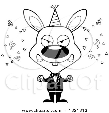 Lineart Clipart of a Cartoon Black and White Mad New Year Party Rabbit - Royalty Free Outline Vector Illustration by Cory Thoman