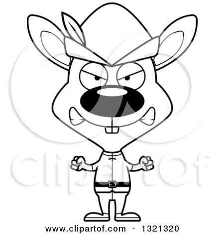 Lineart Clipart of a Cartoon Black and White Mad Rabbit Robin Hood - Royalty Free Outline Vector Illustration by Cory Thoman