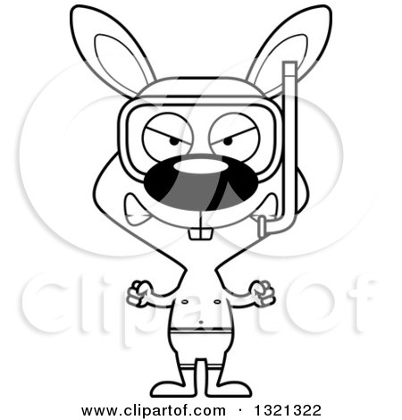 Lineart Clipart of a Cartoon Black and White Mad Rabbit in Snorkel Gear - Royalty Free Outline Vector Illustration by Cory Thoman
