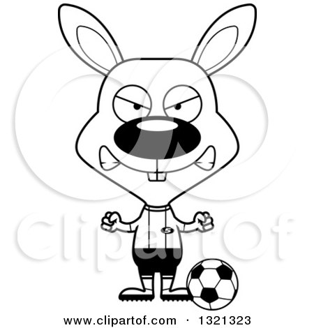 Lineart Clipart of a Cartoon Black and White Mad Rabbit Soccer Player - Royalty Free Outline Vector Illustration by Cory Thoman