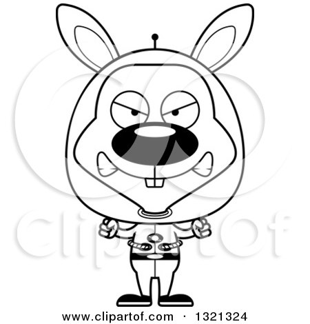 Lineart Clipart of a Cartoon Black and White Mad Spaceman Rabbit - Royalty Free Outline Vector Illustration by Cory Thoman